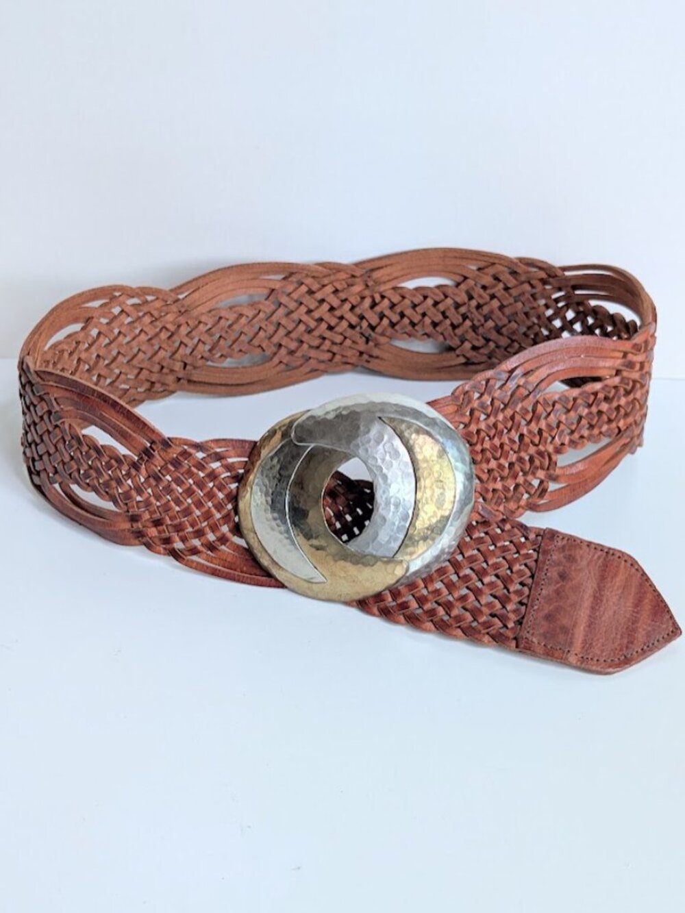 Chico's Handmade Wide Braided Leather Belt w/ Brass Metal Buckle Moroccan S/M